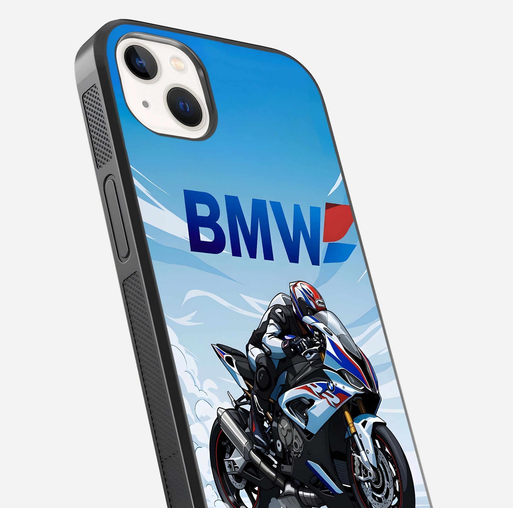BMW Power Drift Glass Case for iPhone 14 Plus close-up view highlighting motion streaks and gloss shine
