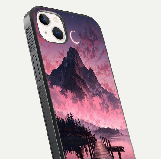 Beautyful Mountain View Glass Case for iPhone 14 Plus close-up angle highlighting landscape details and shine
