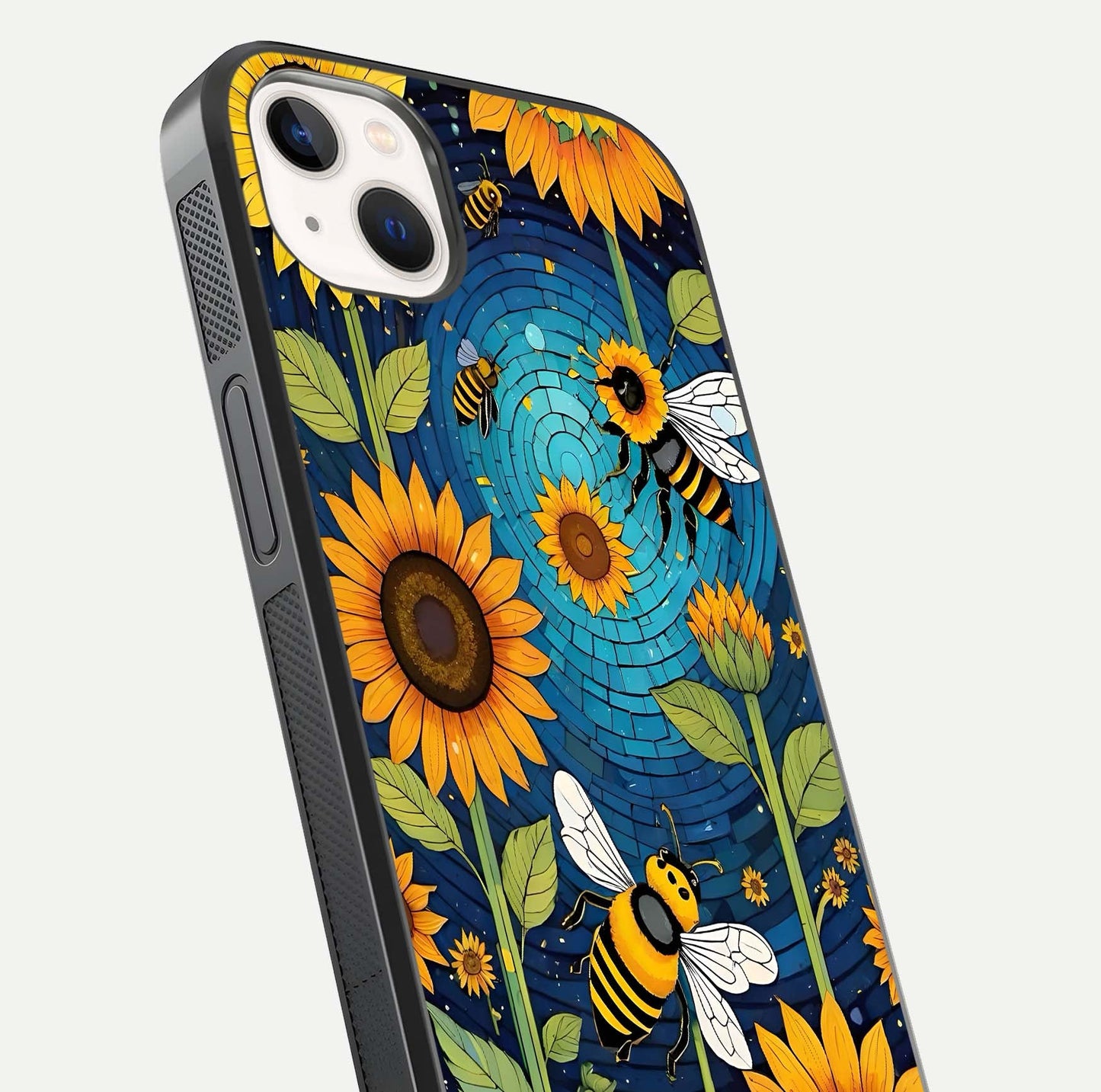 Bees & Sunflowers Glass Case for iPhone 16 Pro close-up angled shot showing detailed petals, bee prints, and glass reflection