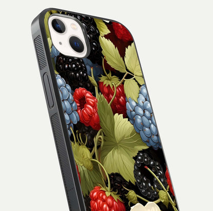 Berry Bloom Charm Glass Case for iPhone 16 Pro close-up view highlighting berry color tones and fine petal detailing