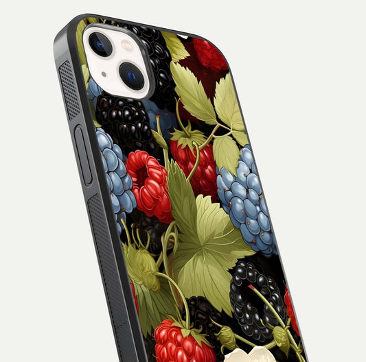 Berry Bloom Charm Glass Case for iPhone 14 Plus close-up view highlighting berry color tones and fine petal detailing