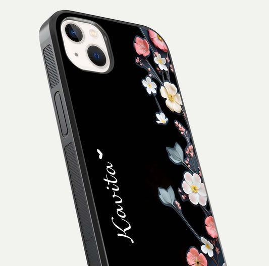 Black Elegance Floral Custom Name Glass Case for iPhone 14 Plus close-up shot showing rose detailing and elegant reflection