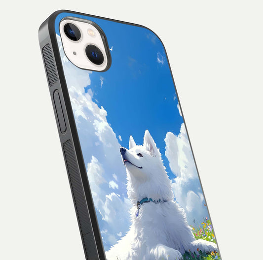 Blissful Cloud Pup Glass Case for iPhone 14 Plus close-up image highlighting puppy details and glossy reflection