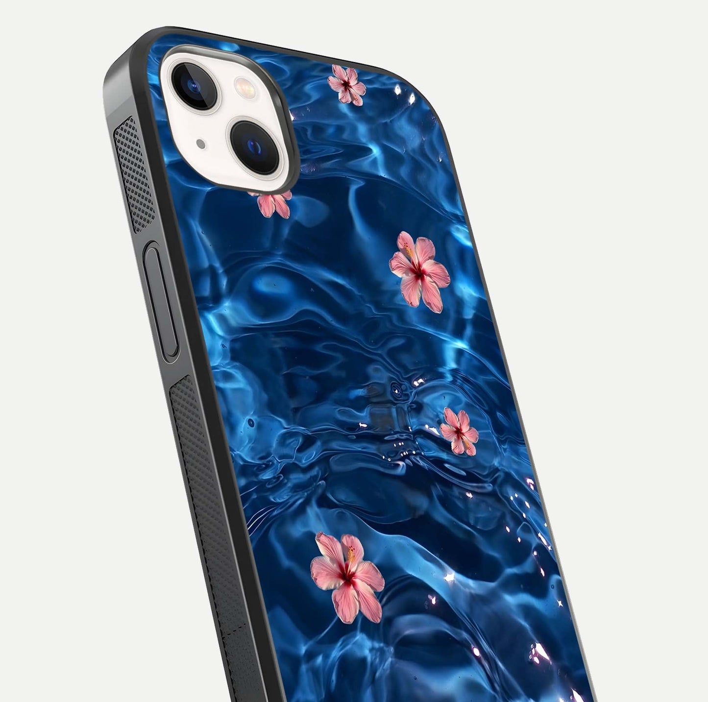 Blooming Water Drift Glass Case for iPhone 14 Plus close-up angle showing petal details, soft aqua tones, and smooth gloss reflection