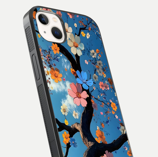 Blossom Dream Sky Glass Case for iPhone 14 Plus close-up shot highlighting dreamlike clouds and pink blossoms