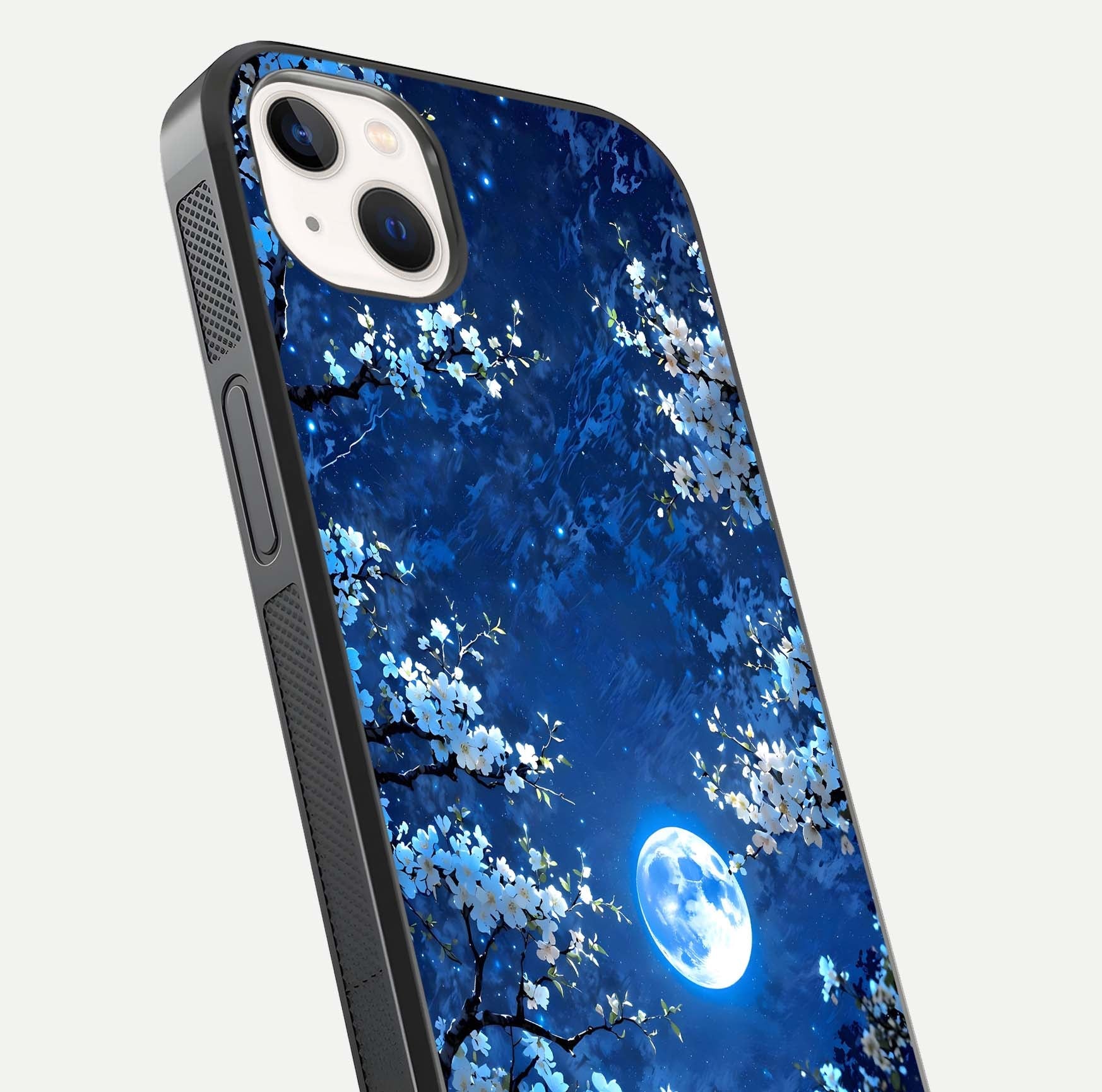 Blossom Moonlight Sky Glass Case for iPhone 16 Pro close-up angle capturing moon glow and flower detail reflections