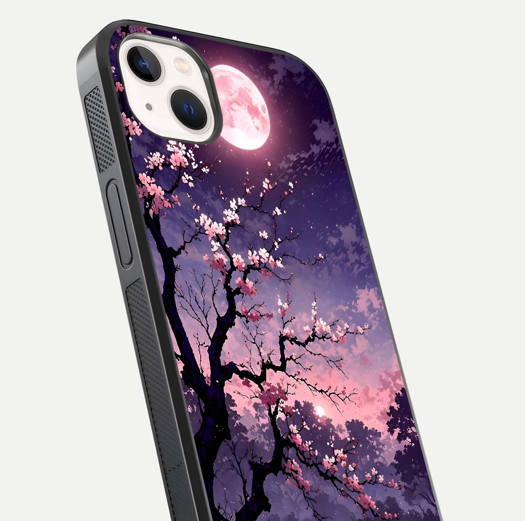 Blossom Pink Moon Glass Case for iPhone 14 Plus close-up shot showing pink tones, moon highlight, and reflection gloss