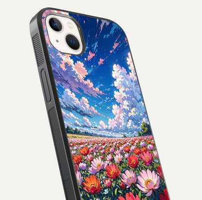 Blossom Sky Field Glass Case for iPhone 14 Plus close-up image showing petal patterns and subtle sky gradient