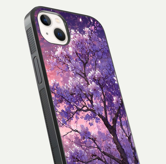 Blossom Tree Glass Case for iPhone 14 Plus close-up image highlighting tree branches, blossoms, and shine