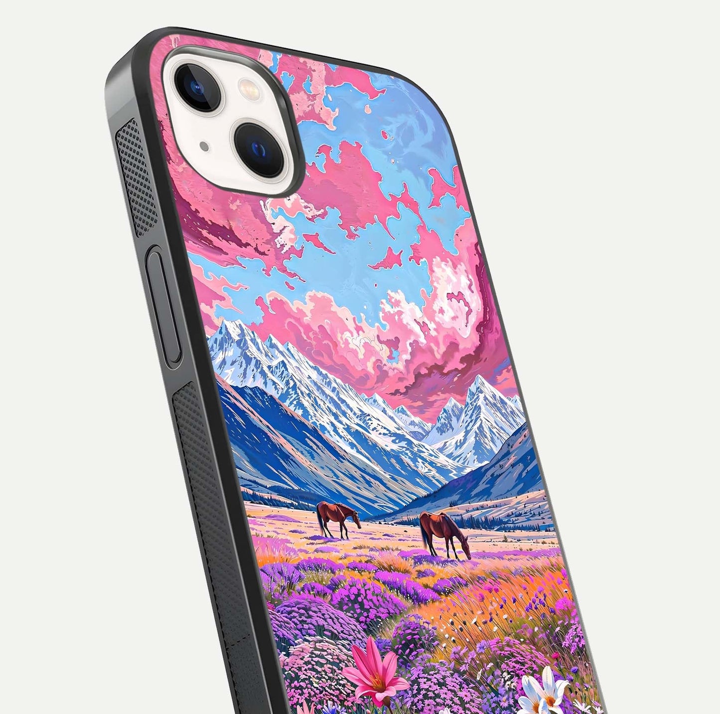 Blossom Valley Dream Glass Case for iPhone 14 Plus close-up view showing detailed flower print and pastel hues
