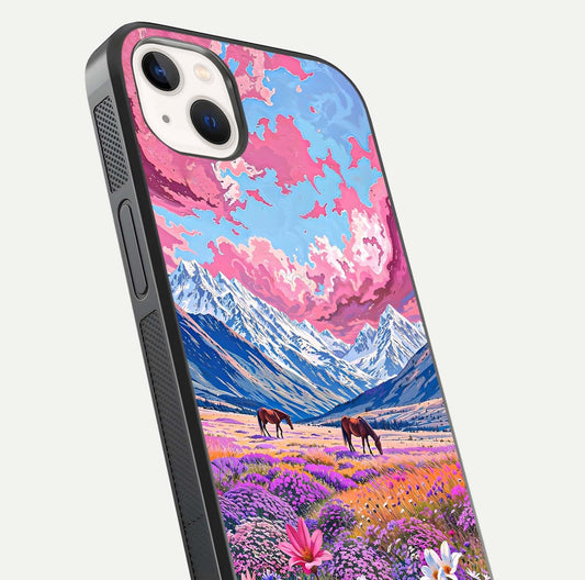 Blossom Valley Dream Glass Case for iPhone 14 Plus close-up view showing detailed flower print and pastel hues