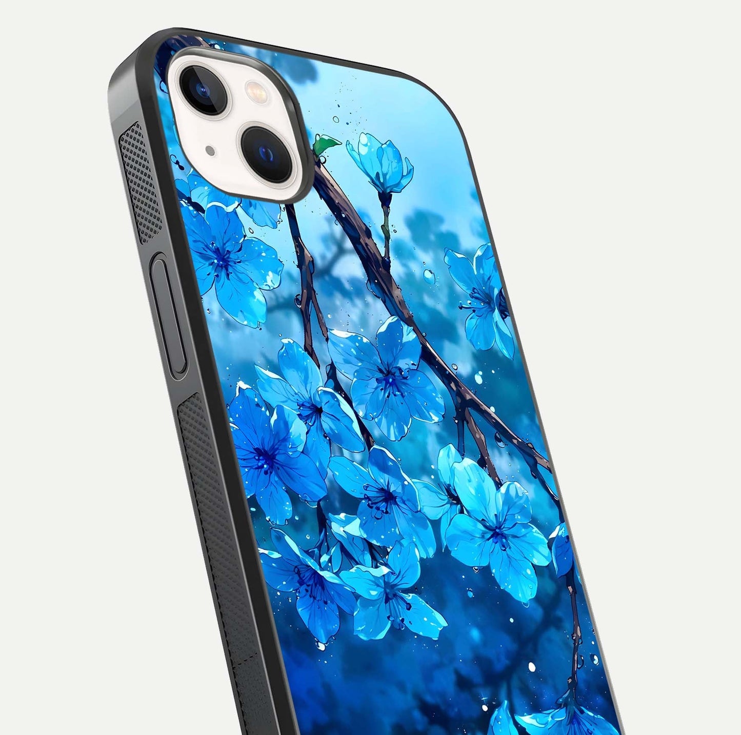 Blue Blossoms Branch Glass Case for iPhone 16 Pro close-up angle highlighting petal details and reflection gloss