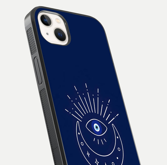 Blue Evil Eye Glass Case for iPhone 14 Plus close-up shot highlighting eye motif, protection symbol, and glass shine