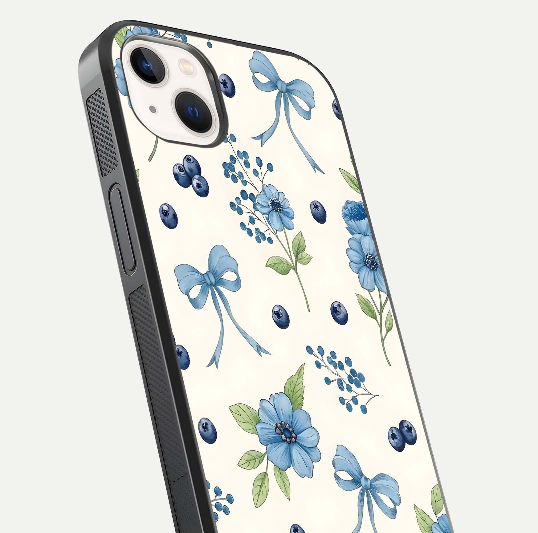 Blue Flower & Bow Glass Case for iPhone 14 Plus close-up shot highlighting ribbon detail and flower gloss finish
