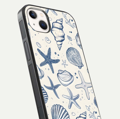Blue Ocean Outline Glass Case for iPhone 16 Pro close-up shot highlighting line art details and reflection texture