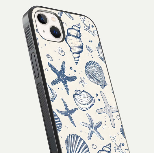 Blue Ocean Outline Glass Case for iPhone 14 Plus close-up shot highlighting line art details and reflection texture