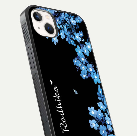 Blue Petal Dream Custom Name Glass Case for iPhone 14 Plus close-up highlighting petal texture and gloss reflection