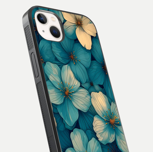 Blue Shade Floral Glass Case for iPhone 14 Plus close-up angle showing flower print precision and reflection
