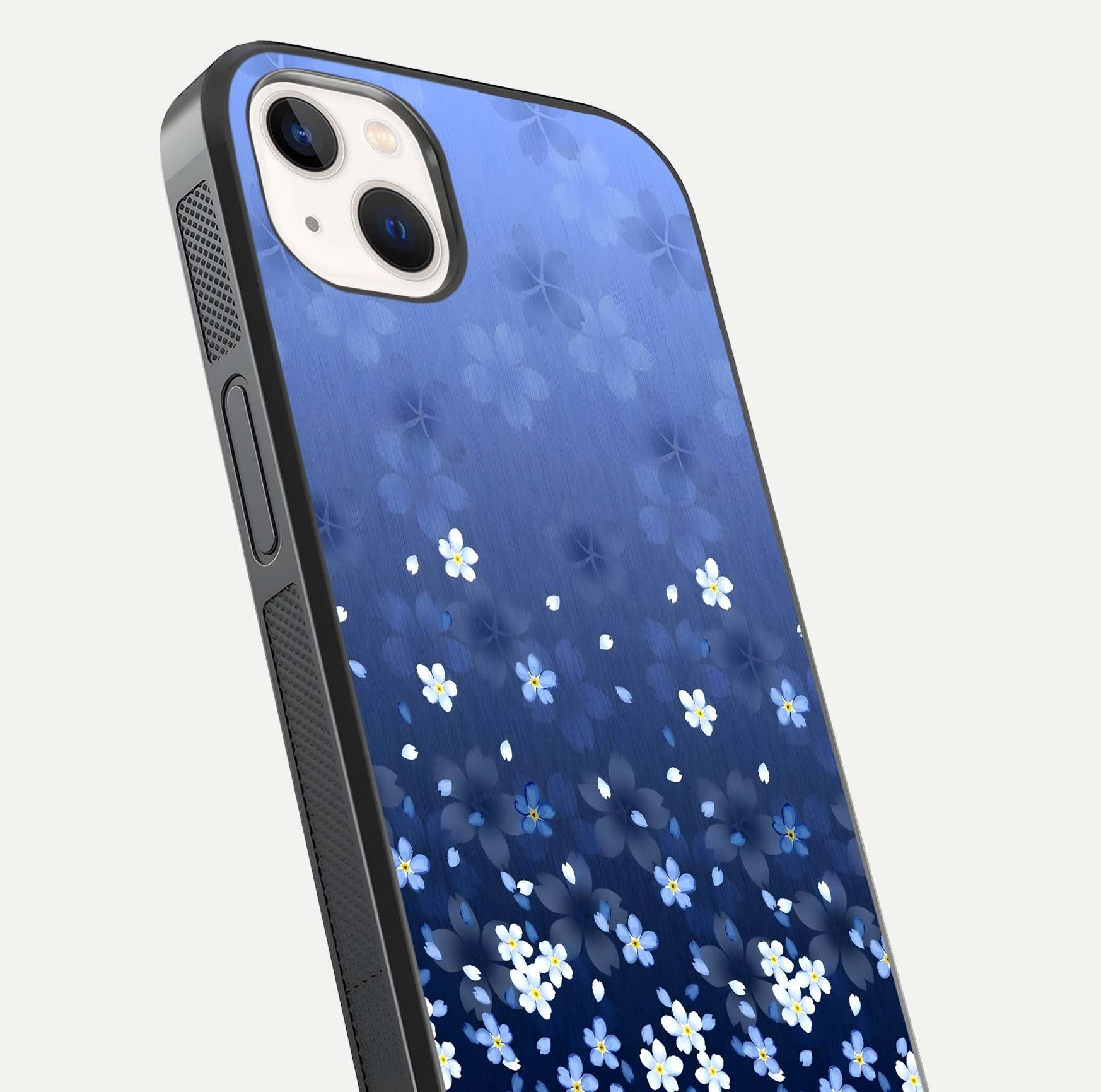 Blue Starry Glass Case for iPhone 14 Plus close-up image highlighting sparkle details and midnight blue gradient