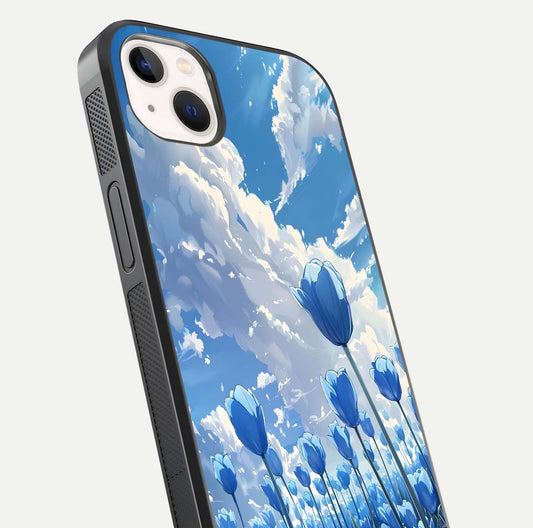 Blue Tulip Clouds Glass Case for iPhone 14 Plus close-up image highlighting tulip petals, clouds, and reflection texture