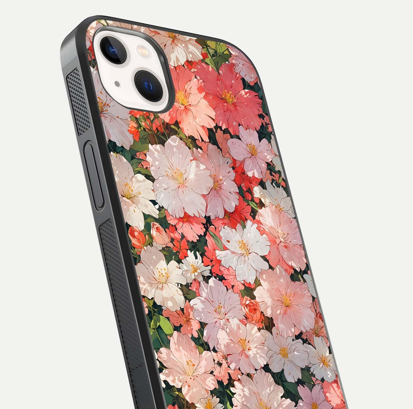 Blush Bloom Field Glass Case for iPhone 16 Pro close-up shot capturing pastel flower field tones and gloss shine