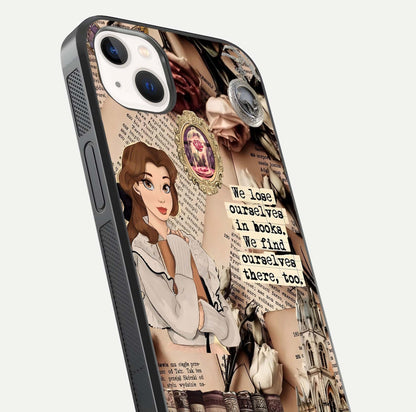 Bookish Dream World Glass Case for iPhone 14 Plus close-up shot highlighting book elements and reflection gloss