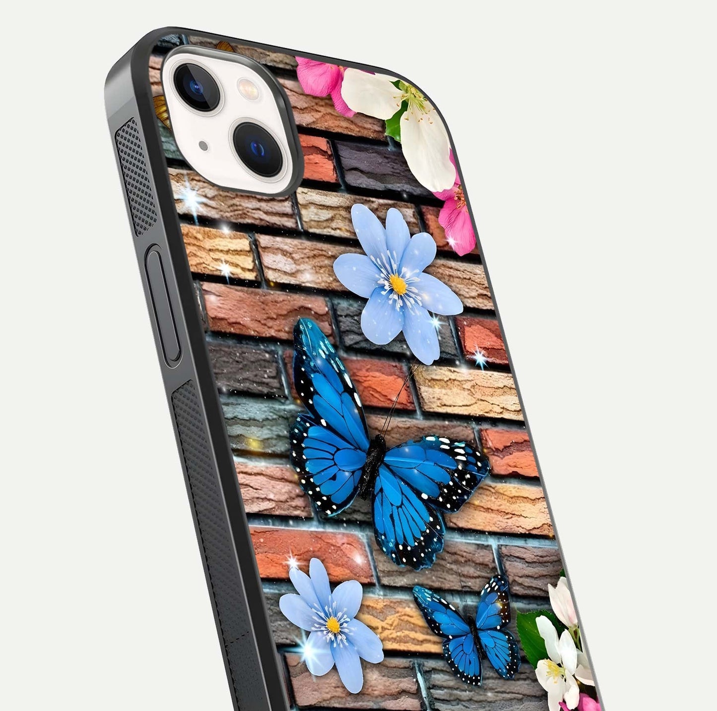 Brick Bloom Flight Glass Case for iPhone 14 Plus close-up angle highlighting flower clusters and reflection detail