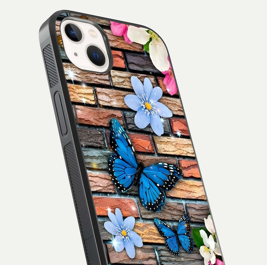 Brick Bloom Flight Glass Case for iPhone 14 Plus close-up angle highlighting flower clusters and reflection detail