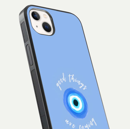 Bright Future Ahead Glass Case for iPhone 14 Plus close-up image highlighting bold quote text and HD reflection