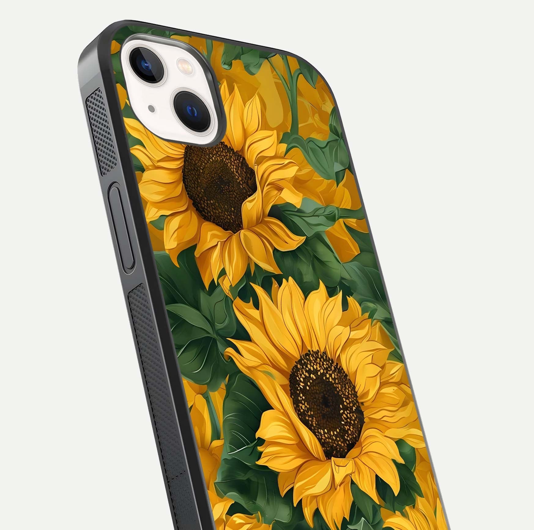 Bright Sunflower Bloom Glass Case for iPhone 14 Plus close-up image highlighting yellow petal detail and HD reflection