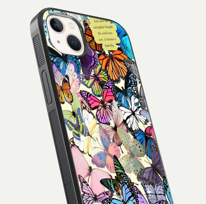 Butterflies Petal Dream Glass Case for iPhone 14 Plus close-up highlighting butterfly wings and pink petal gloss