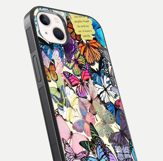 Butterflies Petal Dream Glass Case for iPhone 14 Plus close-up highlighting butterfly wings and pink petal gloss