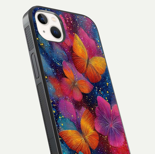 Butterfly Dream Mist Glass Case for iPhone 14 Plus close-up capturing wing pattern detail and glossy finish texture