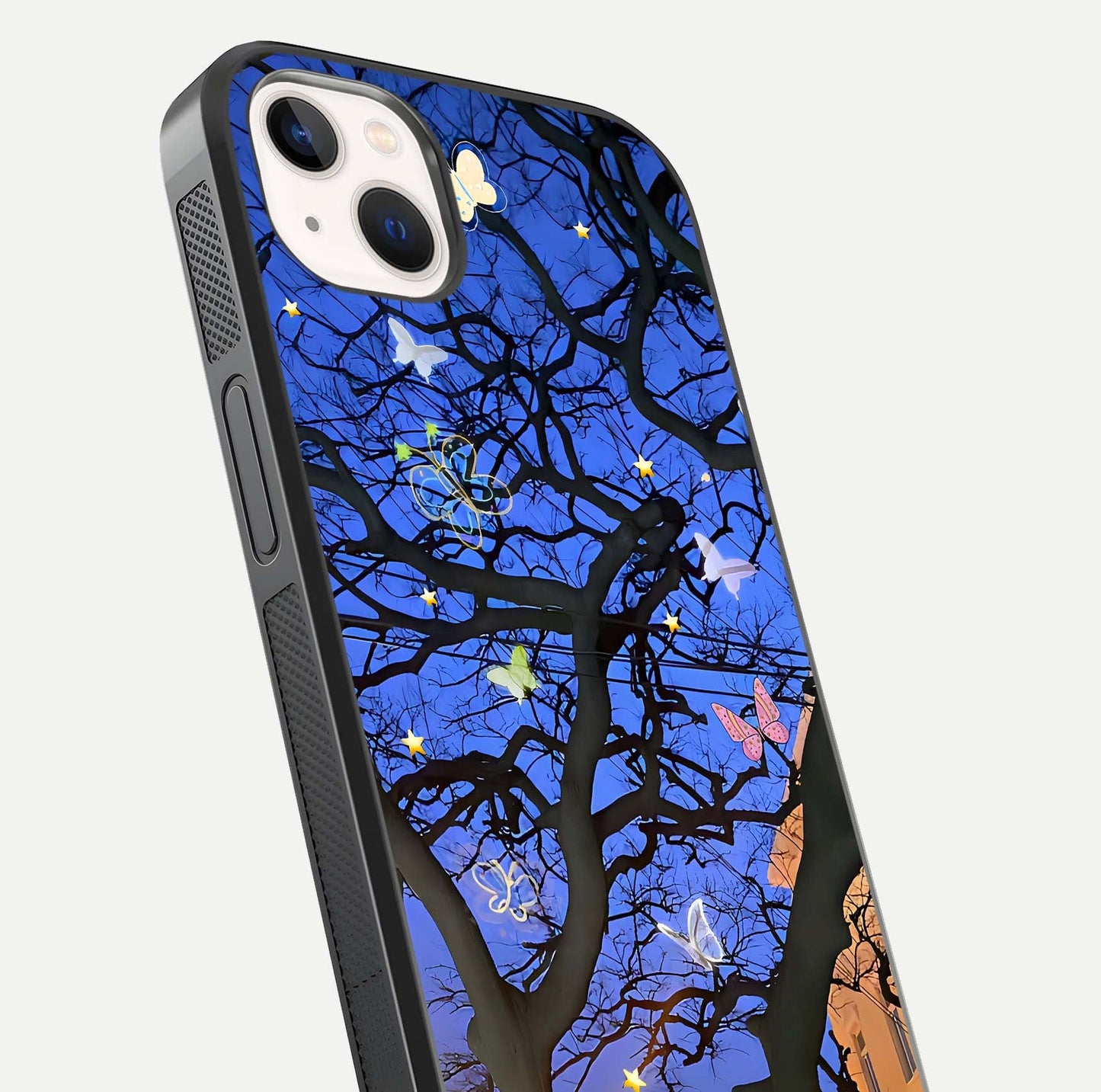 Butterfly Night Magic Glass Case for iPhone 14 Plus close-up highlighting wings reflection and gloss shimmer