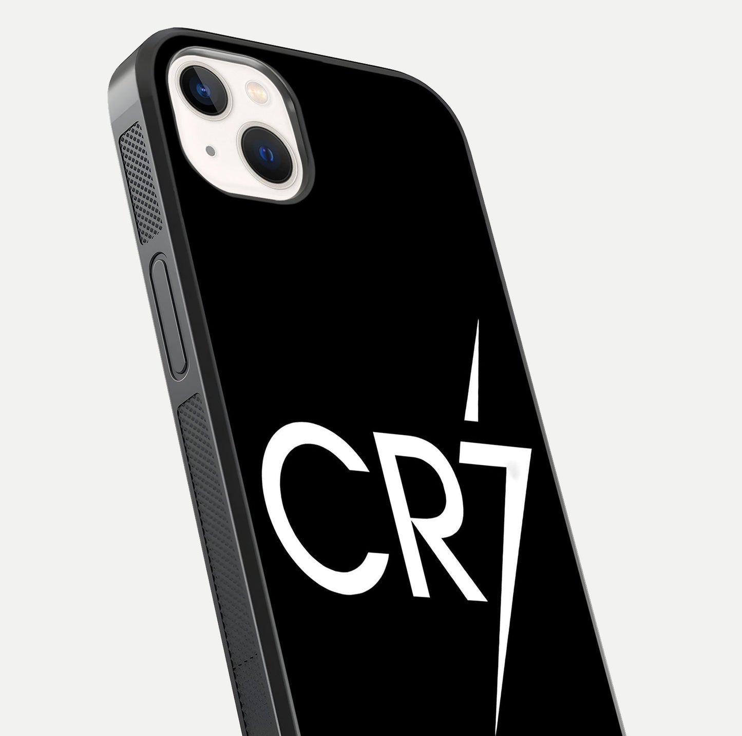 CR7 Elite Strike Glass Case for iPhone 14 Plus close-up highlighting CR7 artwork and shine reflection