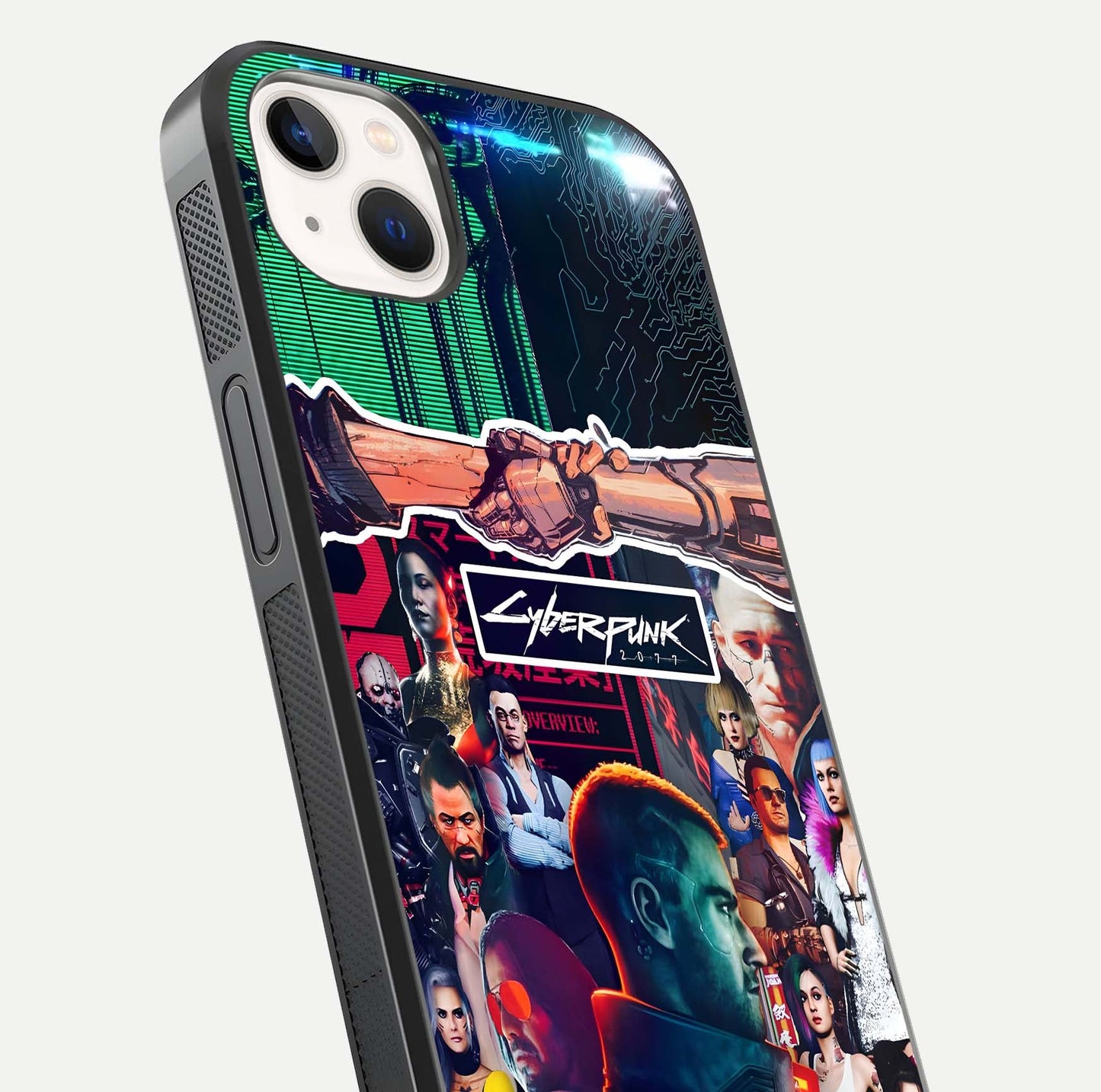 CYBERPUNK Legacy Glass Case for iPhone 14 Plus close-up highlighting circuit texture and reflection tone