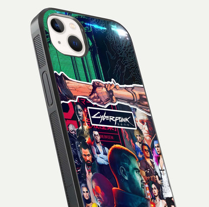 CYBERPUNK Legacy Glass Case for iPhone 14 Plus close-up highlighting circuit texture and reflection tone