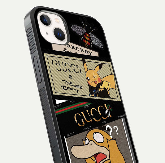 Cartoon Brand Play Mashup Glass Case for iPhone 14 Plus close-up angled shot showing character details and vibrant tones