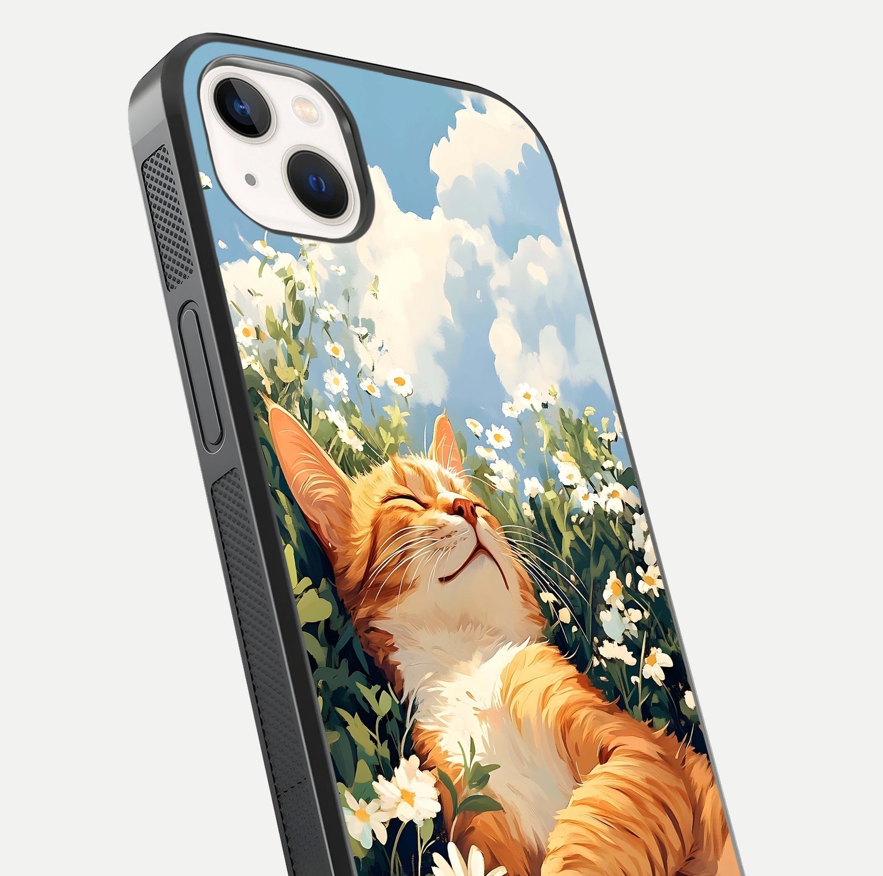 Cat & Flowers View Glass Case for iPhone 14 Plus close-up view highlighting cat expression and petal detail