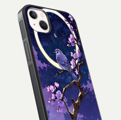 Celestial Bird Blossom Glass Case for iPhone 14 Plus close-up capturing bird detail, petal reflection, and gloss shine