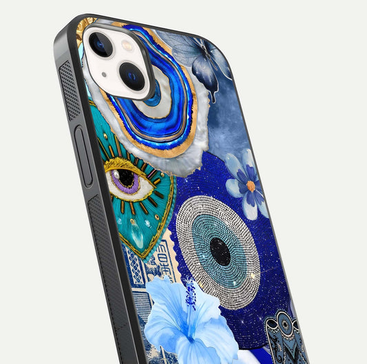 Celestial Blue Vision Glass Case for iPhone 14 Plus close-up shot highlighting reflection details and smooth edge polish