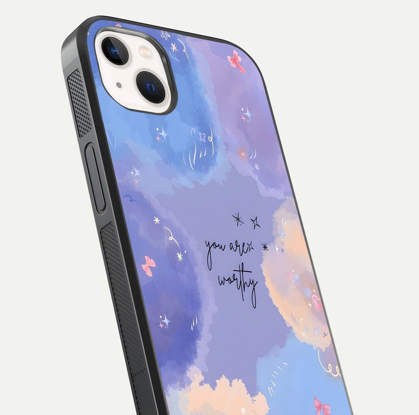 Celestial Cloud Magic Glass Case for iPhone 14 Plus close-up highlighting smooth gradient and gloss surface