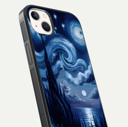 Celestial Dream Van Gogh Glass Case for iPhone 14 Plus close-up view capturing vivid brush details and star reflection