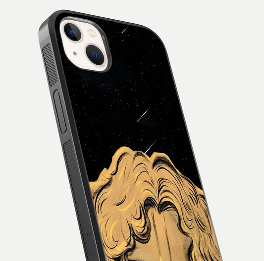Celestial God’s Plan Glass Case for iPhone 14 Plus close-up angled shot highlighting celestial details and reflection