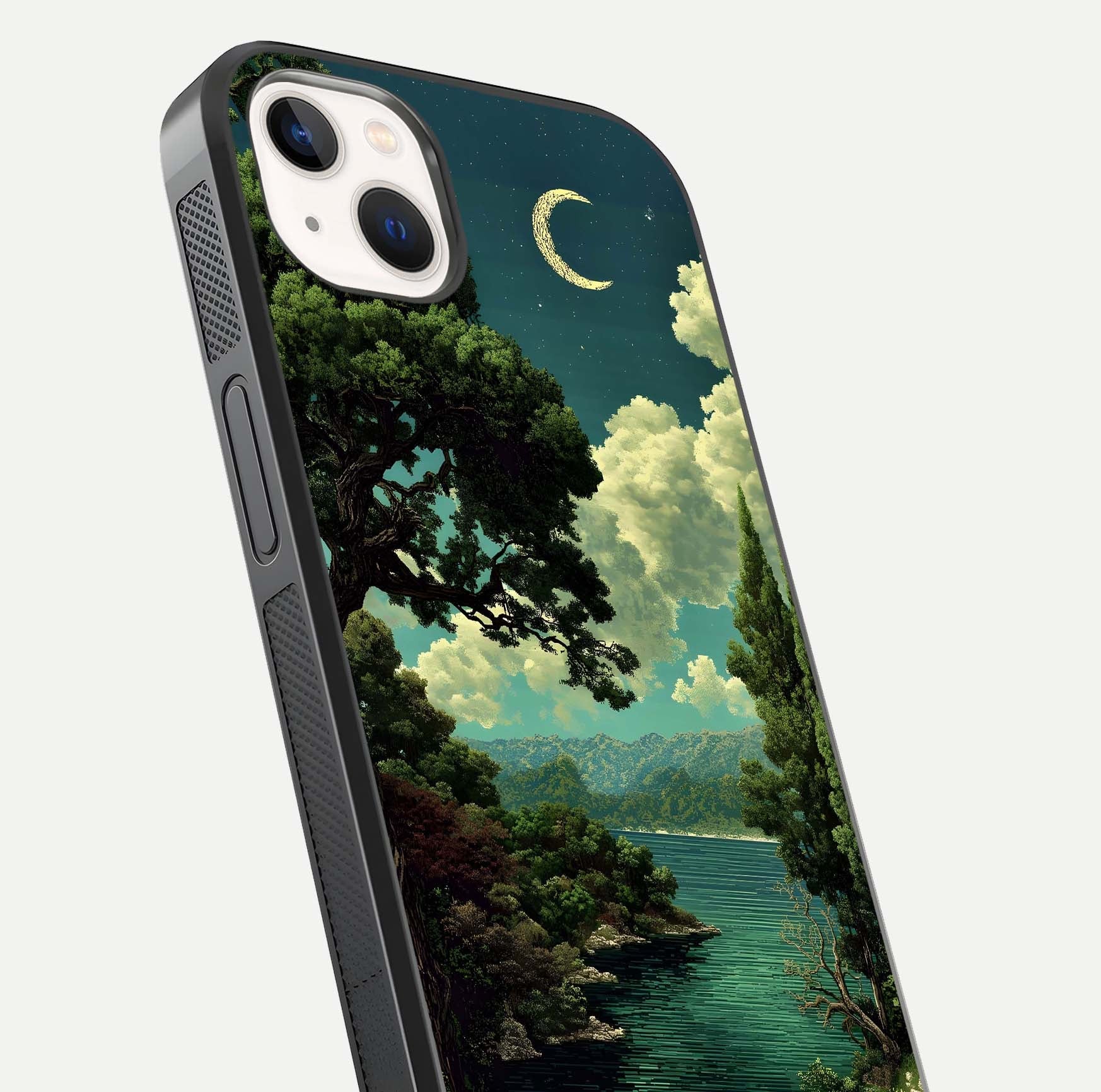 Celestial Lake Peace Glass Case for iPhone 14 Plus close-up highlighting moon reflection and glossy texture