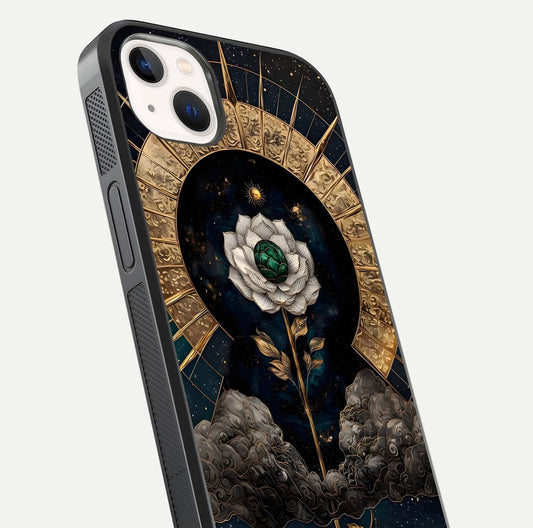 Celestial Lotus Morang Glass Case for iPhone 14 Plus close-up highlighting pink lotus petals and reflection