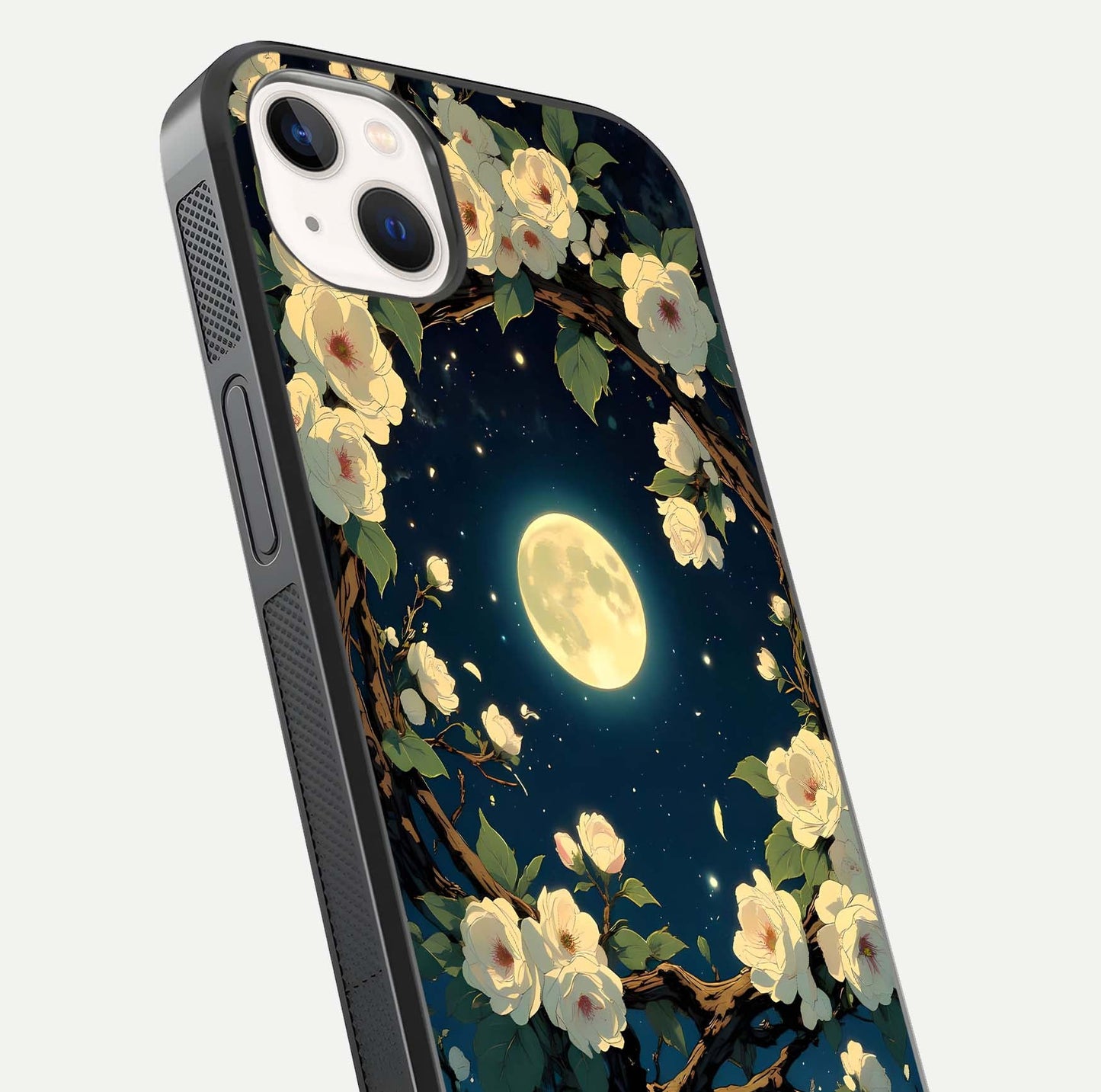 Celestial Moon & Flower Glass Case for iPhone 14 Plus close-up capturing petal reflection and moonlight contrast