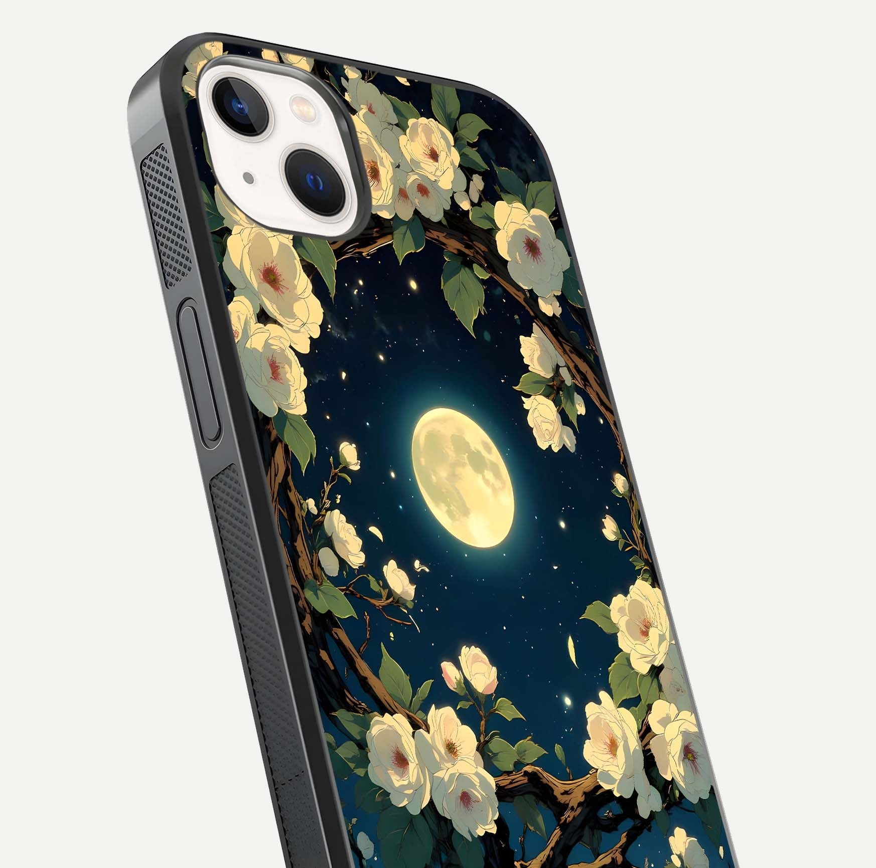 Celestial Moon & Flower Glass Case for iPhone 14 Plus close-up capturing petal reflection and moonlight contrast