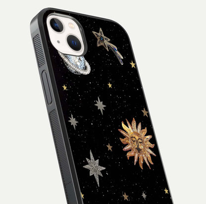 Celestial Moon With Stars Glass Case for iPhone 14 Plus close-up showing cosmic reflection and HD shine