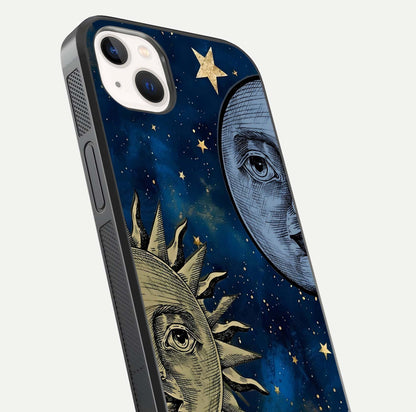 Celestial Moon With Sun Glass Case for iPhone 14 Plus close-up highlighting fine celestial detail and polish reflection